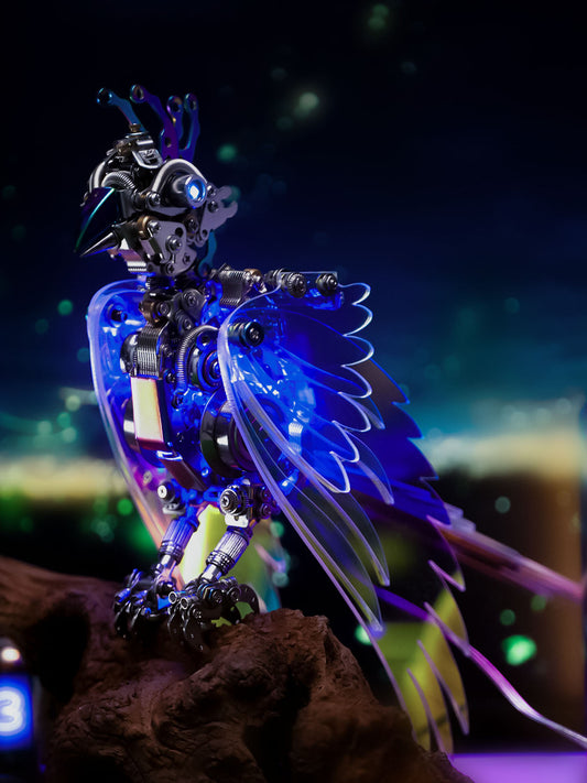 Artificial bird with mechanical elements on a dark background
