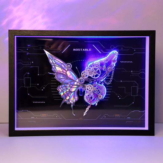 Framed artwork of a butterfly with mechanical elements on a dark background
