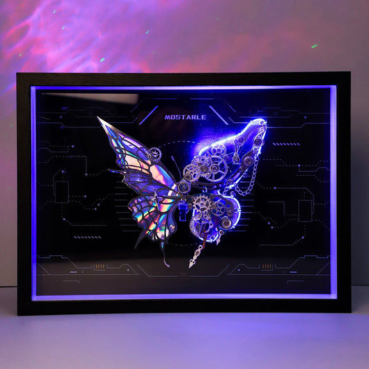 Framed artwork of a butterfly with mechanical elements on a dark background
